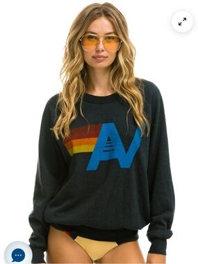 Aviator Nation Navy-Charcoal Crewneck Sweater with Retro Stripe